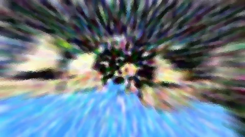 Abstrakte Komposition aus radial verwischten bunten Streifen, unten ein blauer Grund, in der Mitte ein dunkles Zentrum.