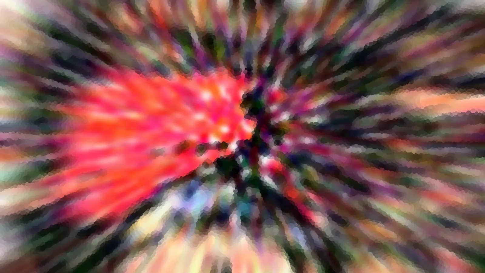 Abstraktes Bild mit bunten Farbstreifen, die von einer leuchtend roten Mitte radial nach außen laufen, und pixelig verwischten Kanten.