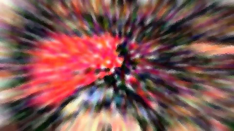 Abstraktes Bild mit bunten Farbstreifen, die von einer leuchtend roten Mitte radial nach außen laufen, und pixelig verwischten Kanten.