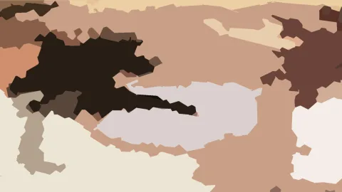 Abstrakte Komposition aus unregelmäßigen, flachen Formen in Braun, Beige und Schwarz, mit einer dunklen Zackenform links der Mitte und einer hellgrauen Fläche in der Mitte.