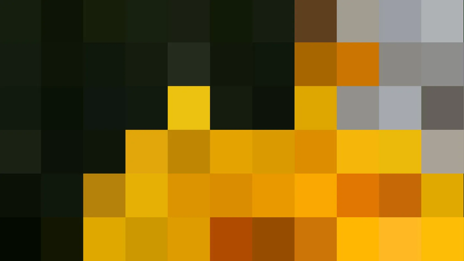 Pixeliges Mosaik aus dunklen Grün- und Schwarztönen links und oben, grauen und blauen Blöcken oben rechts und warmen Gelb- und Orangeblöcken im unteren Bereich.
