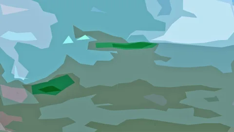 Abstrakte Landschaft aus flächigen Polygonen in Türkis, Hellblau und Grau, mit kleinen grünen Flecken im Vordergrund.