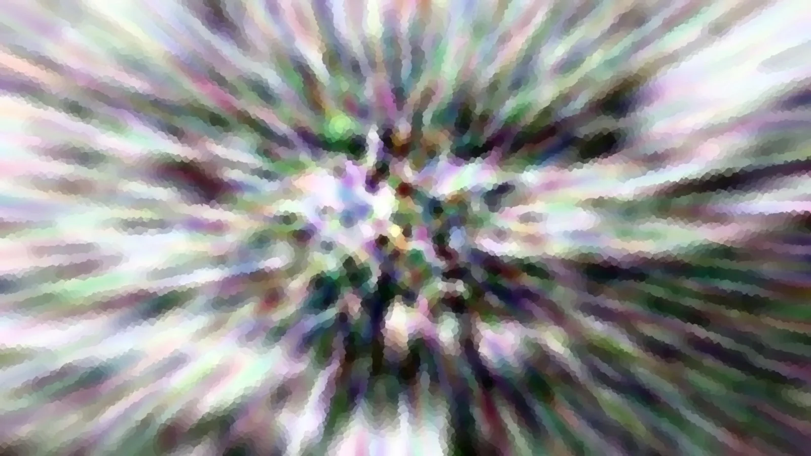 Abstrakte Komposition aus radial von der Mitte nach außen laufenden, verwischten Streifen in Violett, Grün, Weiß und Schwarz, mit mosaikartiger Körnung.
