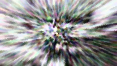 Abstrakte Komposition aus radial von der Mitte nach außen laufenden, verwischten Streifen in Violett, Grün, Weiß und Schwarz, mit mosaikartiger Körnung.