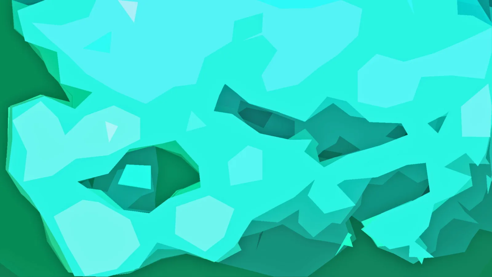 Abstrakte Komposition aus türkisen, mintgrünen und dunkelgrünen Polygonflächen mit kleinen Schattenformen.