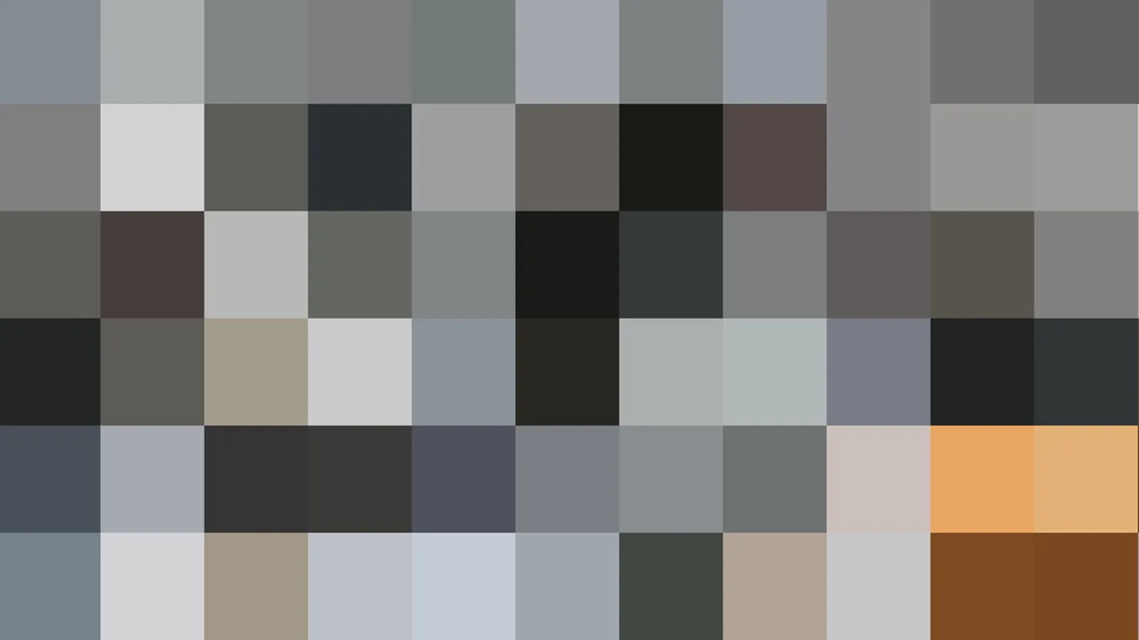 Grobes Pixelmosaik in Grau- und Anthrazittönen, rechts unten mit einzelnen orangefarbenen und braunen Feldern.