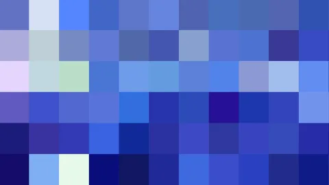 Abstraktes Raster aus quadratischen Feldern in verschiedenen Blautönen, von hellem Pastell bis zu dunklem Marineblau, dazwischen einzelne mintgrüne und cremeweiße Felder.
