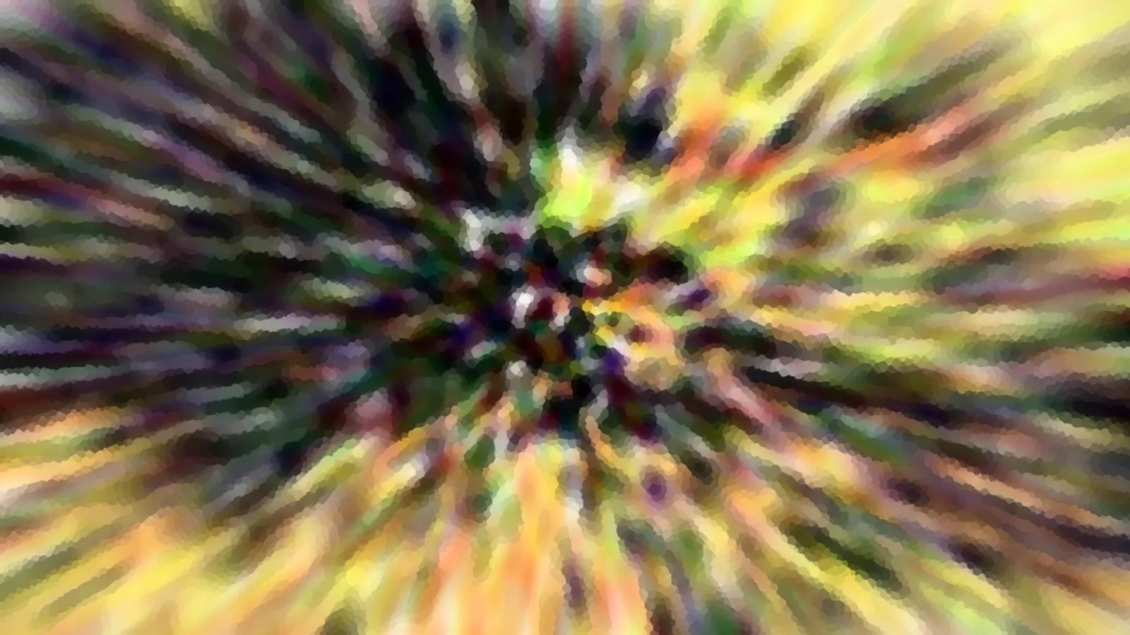 Abstrakte radiale Unschärfe mit gelben, grünen und violetten Streifen, die von einem dunklen Zentrum nach außen laufen.