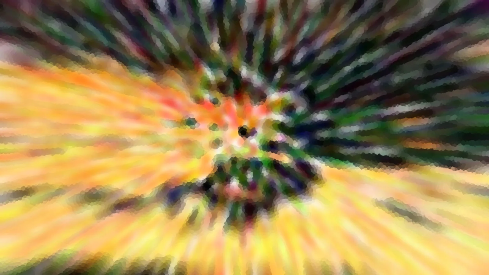 Abstrakte Komposition mit radial nach außen laufenden Streifen in Gelb, Orange und Grün, im Zentrum dunkle Punkte.
