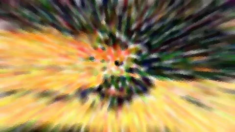 Abstrakte Komposition mit radial nach außen laufenden Streifen in Gelb, Orange und Grün, im Zentrum dunkle Punkte.