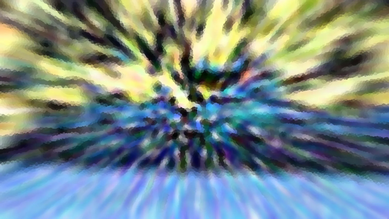 Abstrakte Komposition mit radialen Schlieren, die von einem dunklen Zentrum nach außen laufen, oben gelb-grün, unten blau, mosaikartig gepixelt.