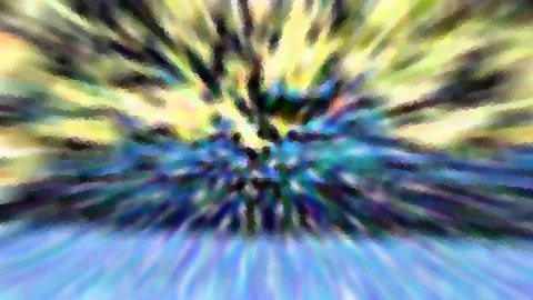 Abstrakte Komposition mit radialen Schlieren, die von einem dunklen Zentrum nach außen laufen, oben gelb-grün, unten blau, mosaikartig gepixelt.