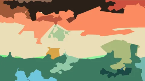 Abstrakte Landschaft aus flachen Farbflächen: oben dunkles Braun und Orange, in der Mitte ein helles Cremeband mit einem kleinen grünen Hügel, unten dunkelgrüne Flächen und blaue Akzente.