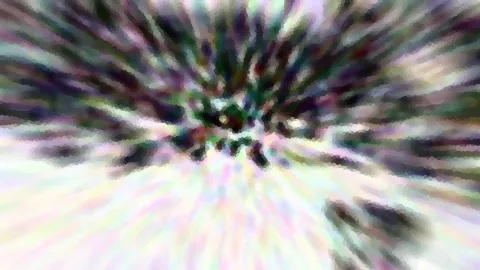 Abstraktes Bild mit radialen, verwischten Farbstreifen in Grün, Violett und Weiß, die von einem dunklen Zentrum nach außen strahlen.