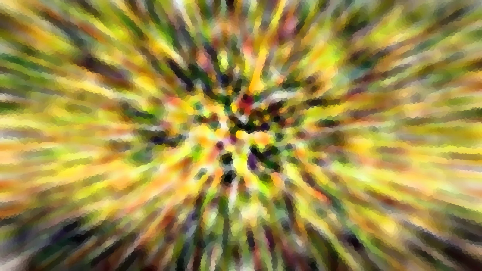 Abstrakte radiale Unschärfe mit gelben, grünen und dunklen Farbstreifen, die von einem dunklen Zentrum nach außen laufen, mosaikartig pixelig.