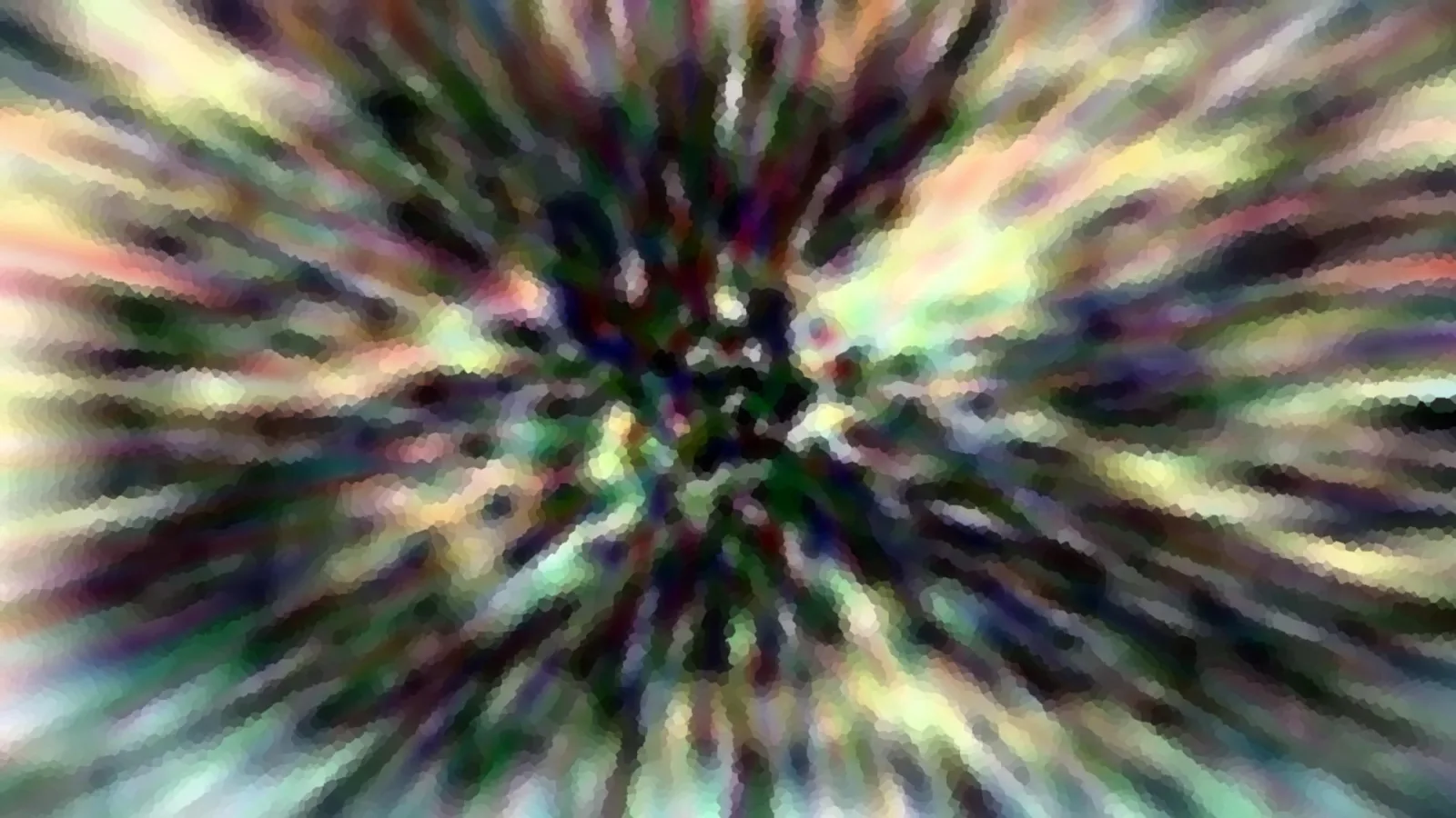 Abstrakte Komposition aus bunten Streifen, die von einem dunklen Zentrum radial nach außen verlaufen, grob pixelig verwischt.