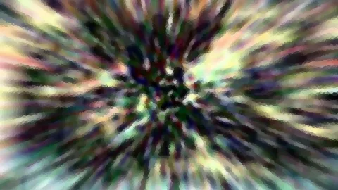 Abstrakte Komposition aus bunten Streifen, die von einem dunklen Zentrum radial nach außen verlaufen, grob pixelig verwischt.