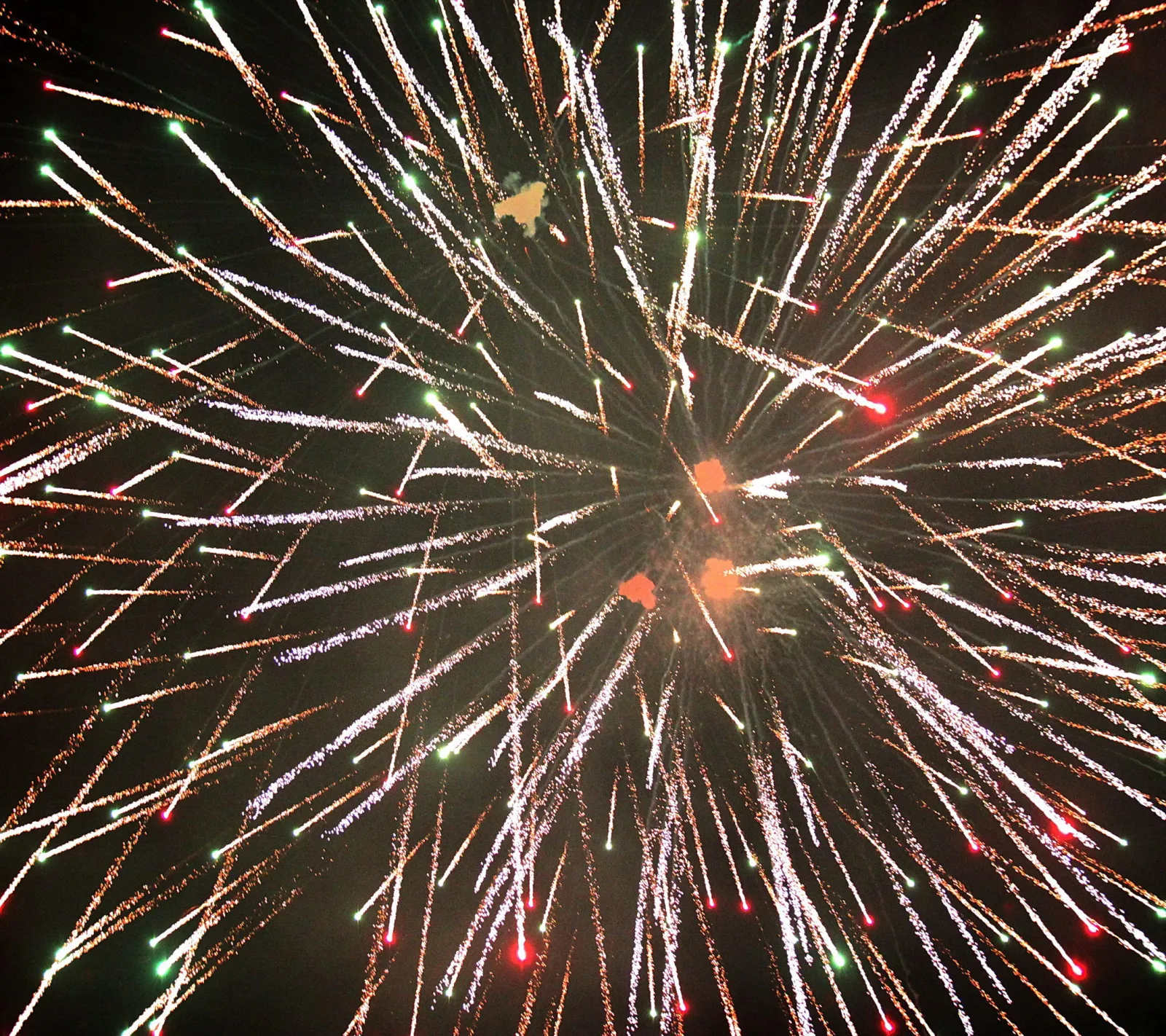 Feuerwerk am Nachthimmel: viele helle, weiße und goldene Funkenbahnen strahlen von einem Zentrum nach außen, dazwischen rote und grüne Leuchtpunkte.