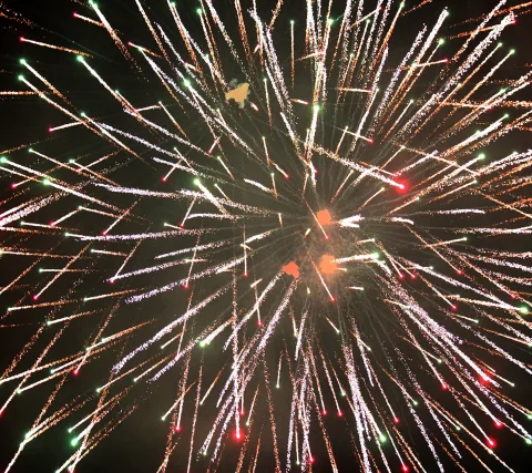 Feuerwerk am Nachthimmel: viele helle, weiße und goldene Funkenbahnen strahlen von einem Zentrum nach außen, dazwischen rote und grüne Leuchtpunkte.