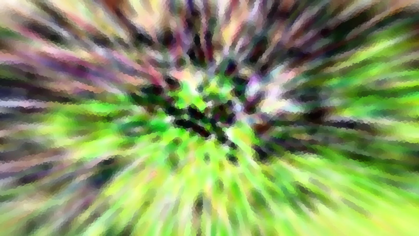 Abstrakte, radial verwischte Farbfläche in Grün, Violett und Gelb mit mosaikartiger Struktur und dunklem Zentrum.