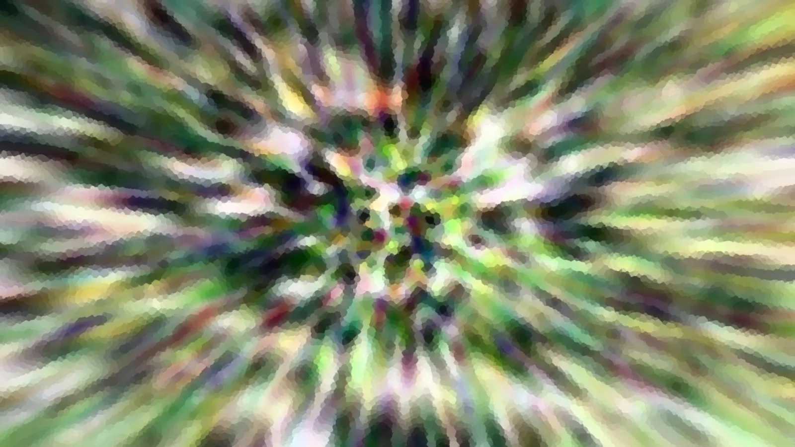Abstrakte Komposition aus grünen, weißen und violetten Schlieren, die radial aus einem hellen Zentrum nach außen strahlen und mosaikartig gepixelt sind.