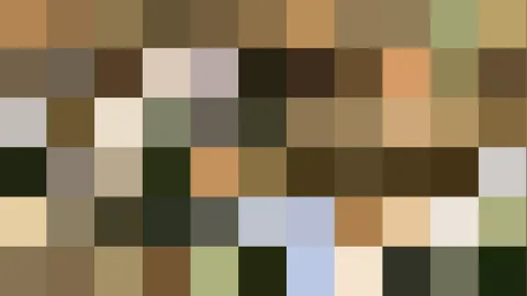 Mosaik aus quadratischen Farbfeldern in Braun, Beige, Oliv und wenigen Blau- und Grüntönen, in einem Raster angeordnet.