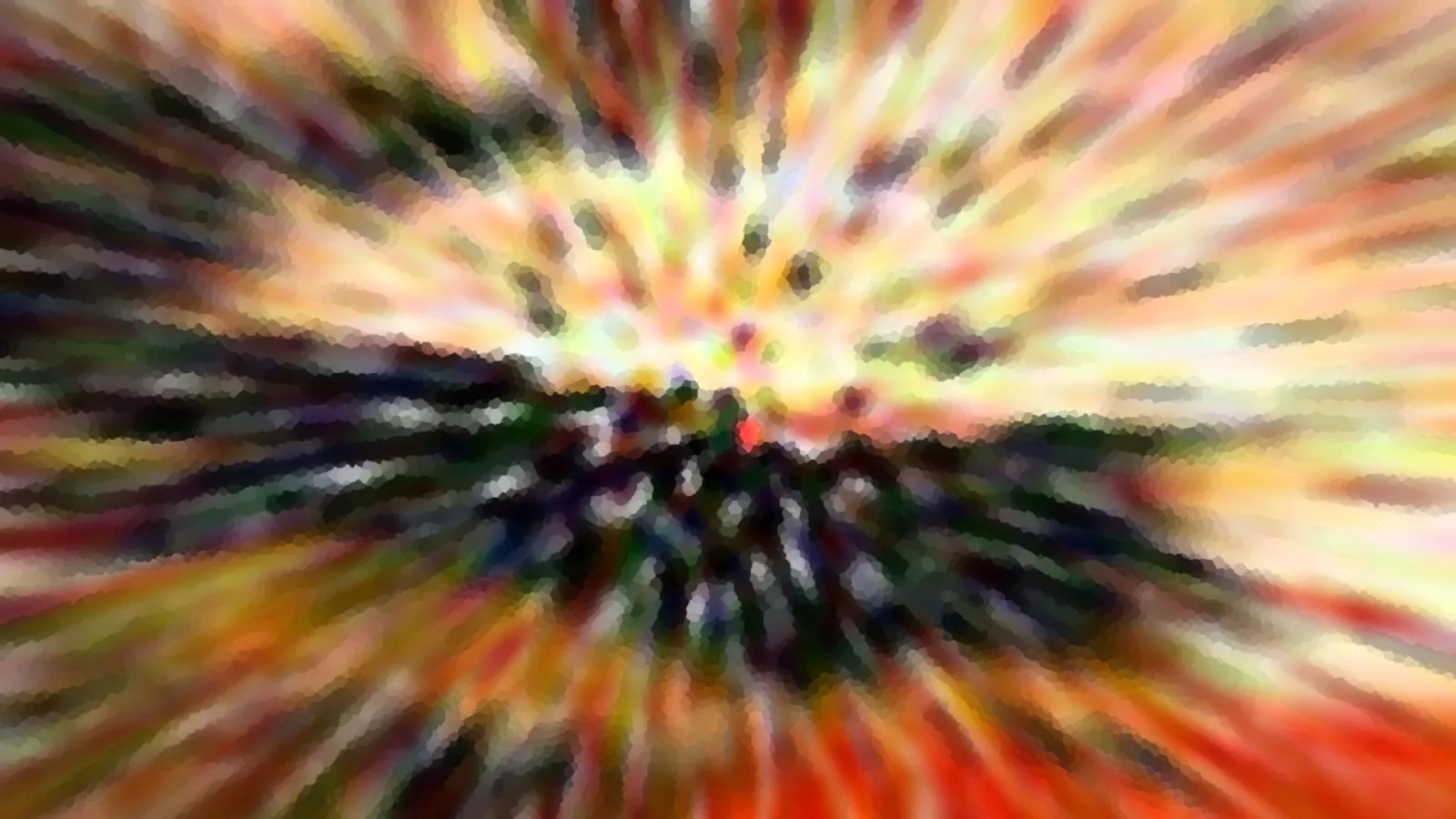 Abstrakte Komposition aus radial verlaufenden, verwischten Farbstrahlen in Gelb, Rot, Orange und Dunkelgrün, die von einem hellen Zentrum nach außen strahlen.
