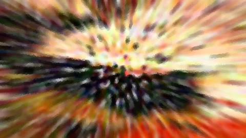 Abstrakte Komposition aus radial verlaufenden, verwischten Farbstrahlen in Gelb, Rot, Orange und Dunkelgrün, die von einem hellen Zentrum nach außen strahlen.