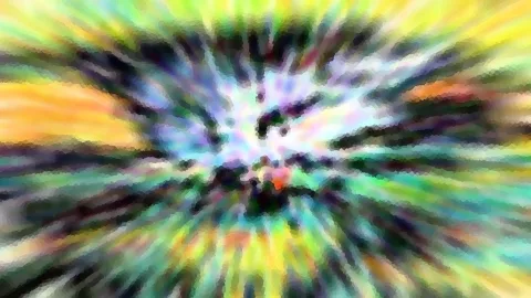 Abstraktes Bild mit radial von einem dunklen Zentrum nach außen strahlenden Farbstreifen in Gelb, Grün, Violett und Orange, mosaikartig verpixelt.
