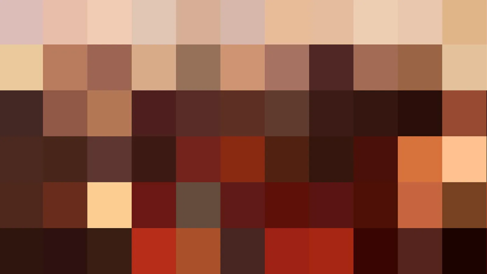 Mosaik aus quadratischen Farbfeldern in Beige, Braun, Rot und Schwarz, angeordnet in einem Raster aus zehn mal sechs Blöcken.