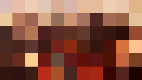 Mosaik aus quadratischen Farbfeldern in Beige, Braun, Rot und Schwarz, angeordnet in einem Raster aus zehn mal sechs Blöcken.