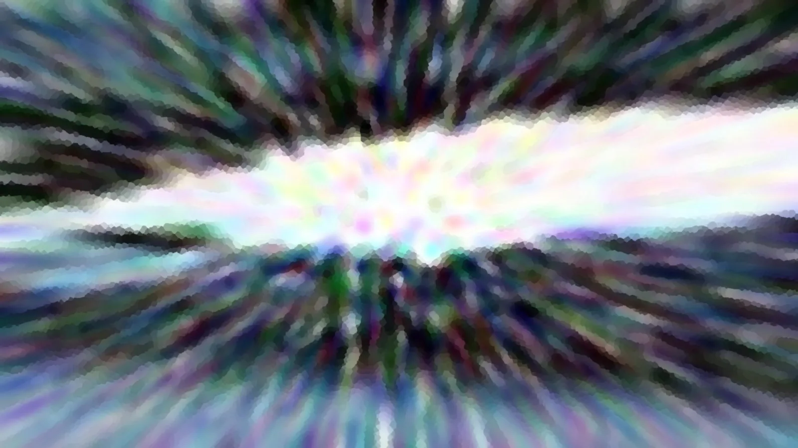Abstrakte Komposition mit radial von der Mitte ausstrahlenden, verwischten Streifen in Grün, Violett und Blau, im Zentrum ein helles, fast weißes Leuchten.