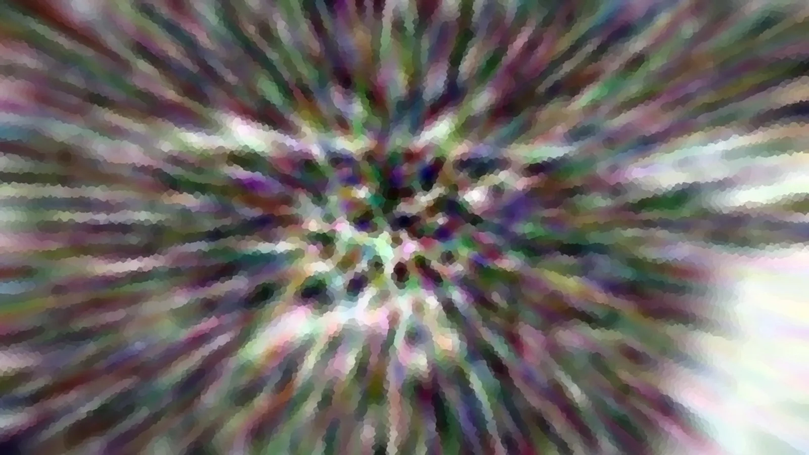 Abstrakte Komposition aus bunten Farbstreifen, die von einem dunklen Zentrum radial nach außen verlaufen und mosaikartig gepixelt wirken.
