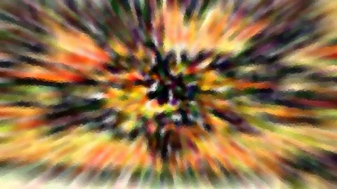 Abstrakte Komposition aus radial von einem dunklen Zentrum nach außen verlaufenden Streifen in Orange, Gelb, Grün und Violett, mit mosaikartiger Pixelstruktur.