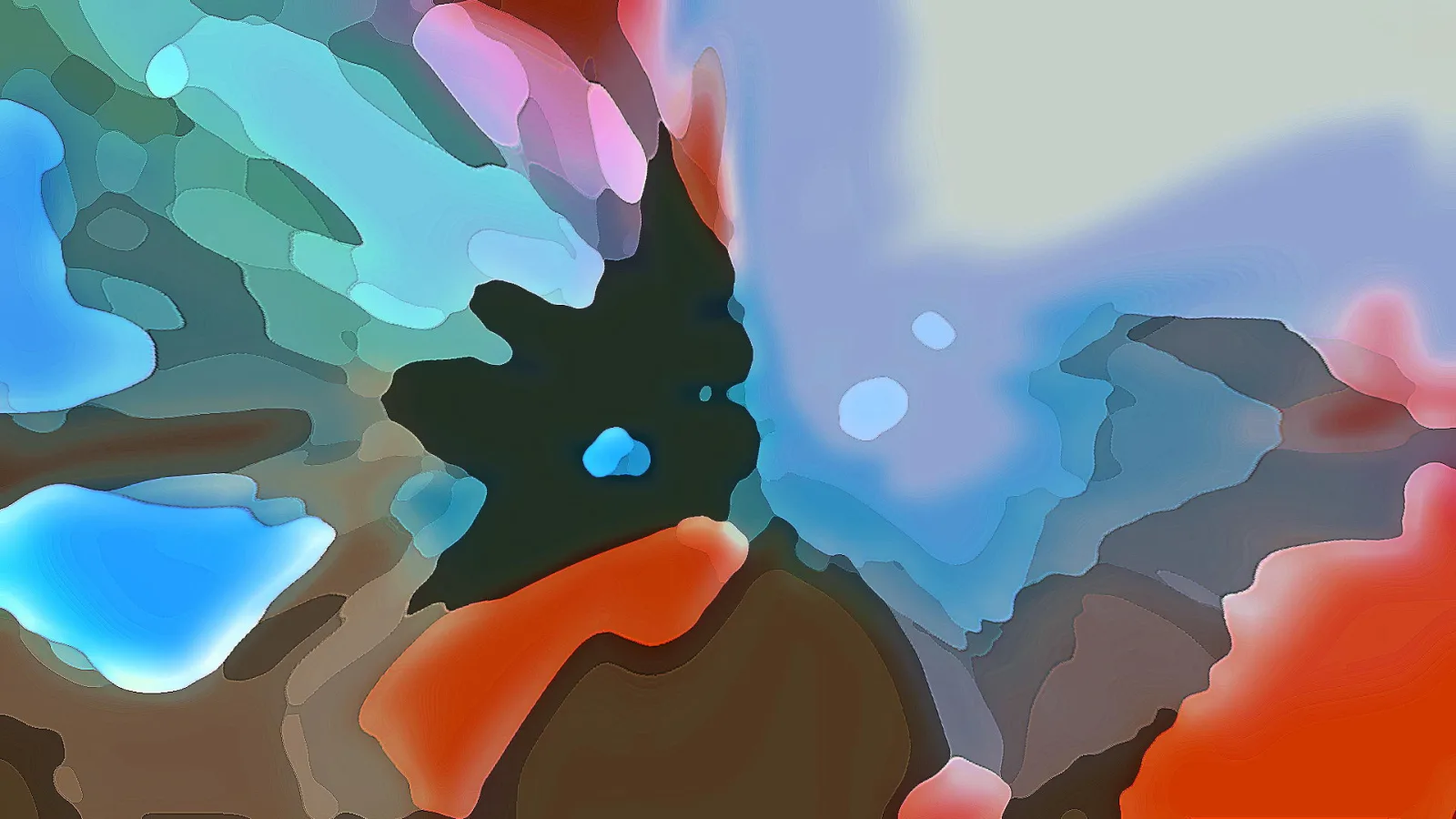 Abstraktes Gemälde mit türkisfarbenen, blauen und orangeroten Flächen, in der Mitte eine dunkle, zackige Form, oben rechts helles Cremeweiß.