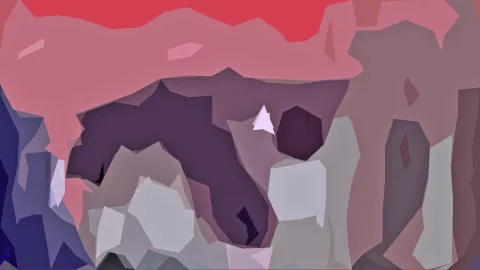 Abstrakte Komposition aus kantigen Flächen in Rosa, Violett und Grau mit dunklen Bereichen in der Mitte.