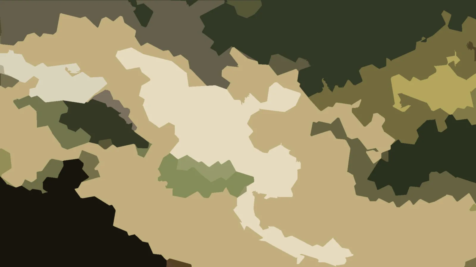 Abstraktes Muster aus unregelmäßigen Flächen in Beige, Oliv, Dunkelgrün und Schwarz.