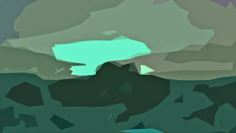 Abstrakte Komposition aus grünen und türkisen Polygonen mit einem leuchtend türkisen Feld in der Mitte und einem dunklen Block darunter.