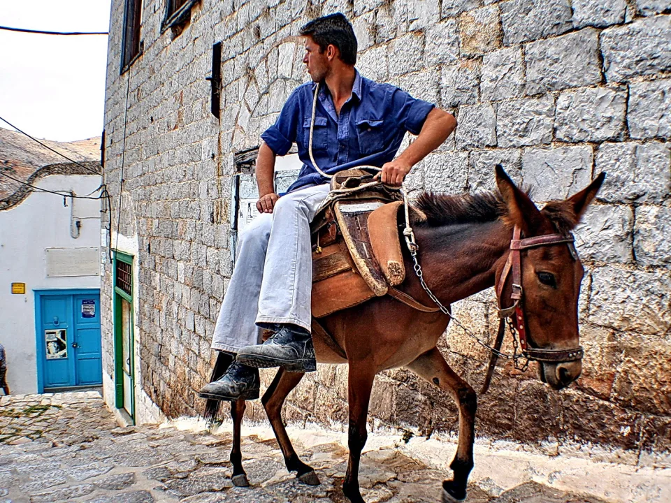 Ein Mann in blauem Hemd und heller Hose reitet auf einem braunen Esel eine gepflasterte Gasse bergauf, links ein weiß gekalktes Haus mit blauer Tür, rechts eine Mauer aus grobem Steinmauerwerk.