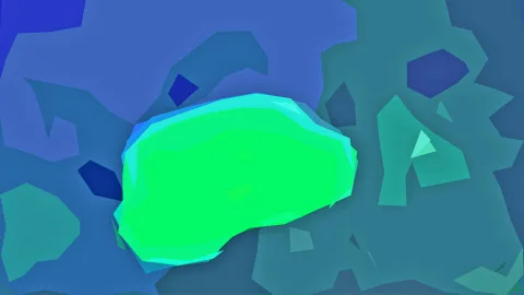 Abstrakte Komposition aus blauen und türkisen Polygonen mit einer leuchtend grünen, ovalen Form in der Mitte.