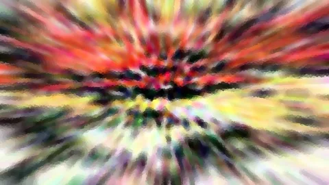 Abstrakte Komposition aus Streifen in Rot, Gelb, Grün und Schwarz, die radial von der dunklen Mitte nach außen strahlen, mosaikartig verpixelt.