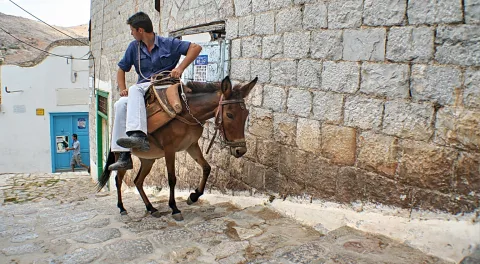 Ein Mann reitet auf einem braunen Esel eine gepflasterte Gasse entlang, links eine weiß getünchte Hauswand mit blauer Tür, rechts eine Mauer aus Natursteinen.