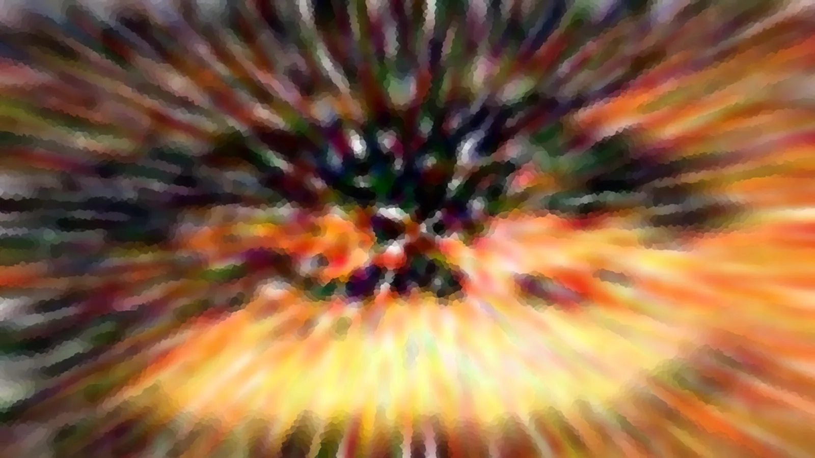 Abstrakte Komposition aus radial verlaufenden, verwischten Farbstreifen in Orange, Gelb, Grün und Schwarz, die von einem dunklen Zentrum nach außen ausgehen.