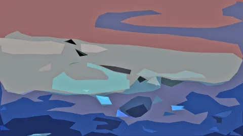 Abstrakte Komposition aus kantigen Flächen in Rosttönen, Graublau und Blau, unten dunkle Blaufelder und helle Türkisakzente.