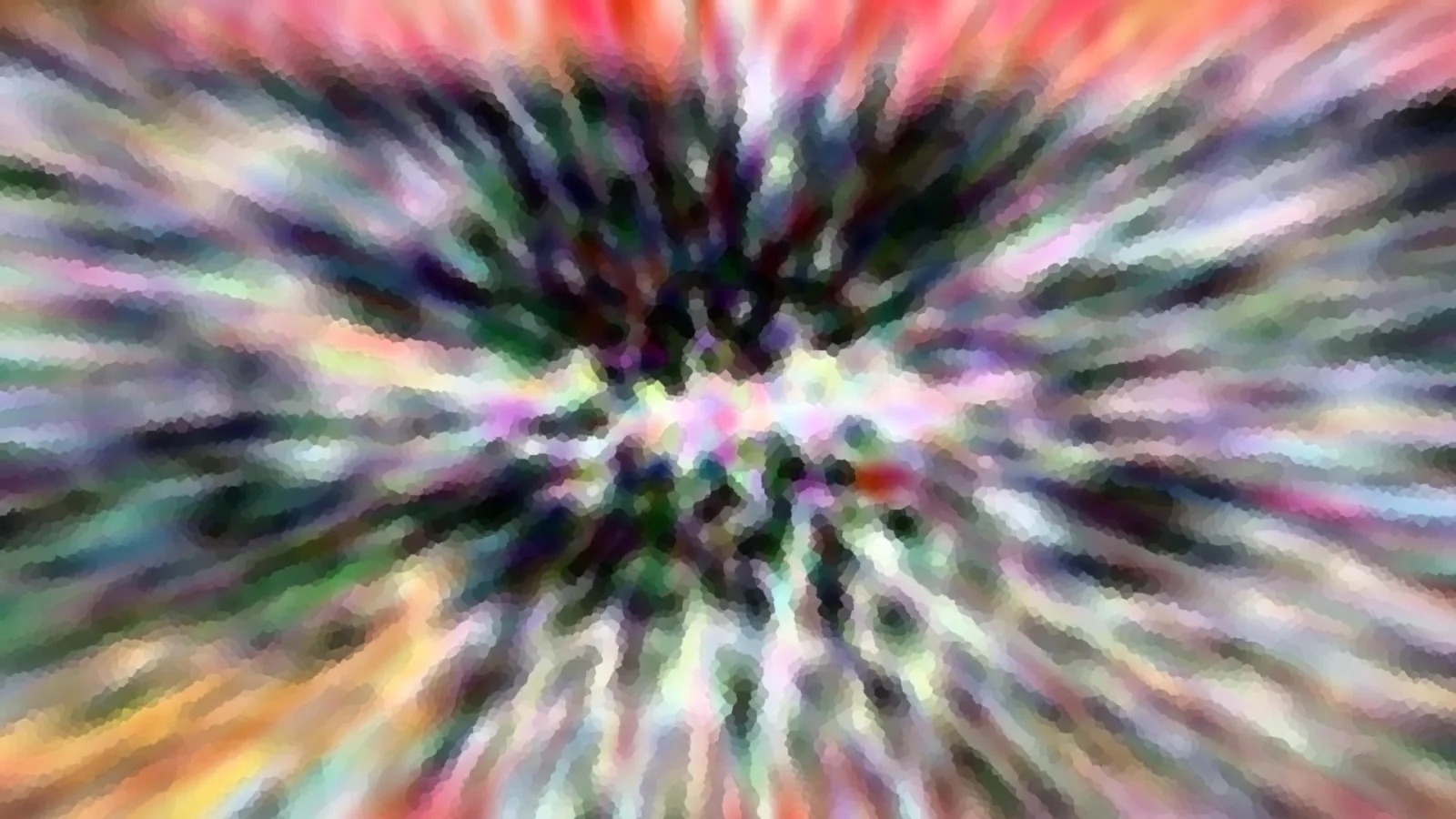 Abstrakte Komposition aus bunten Farbstrahlen, die von einem dunklen Zentrum radial nach außen laufen, mit pixeligen Mosaikkacheln.