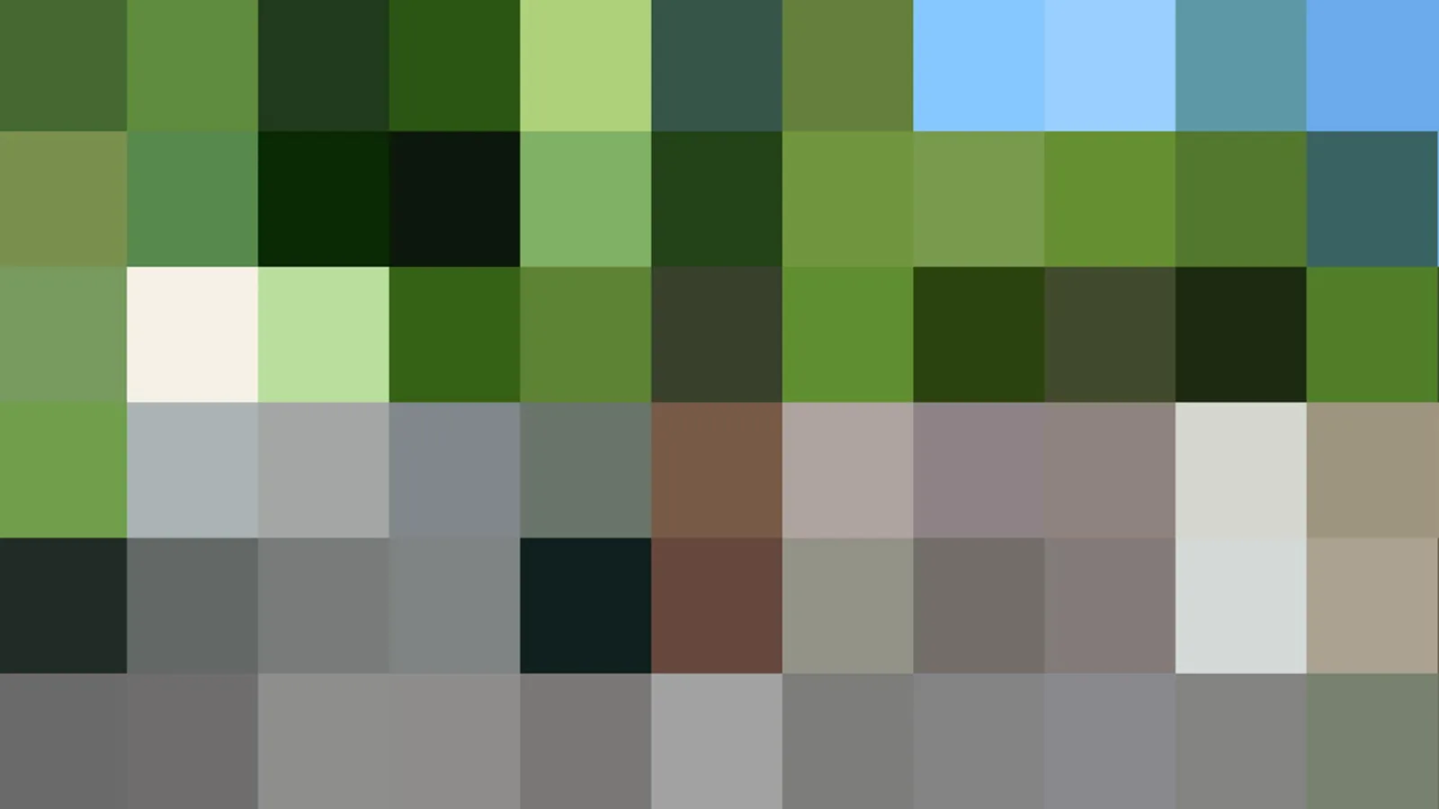 Mosaik aus quadratischen Farbfeldern in Grün, Grau und Hellblau, im oberen rechten Bereich blauer Himmel.