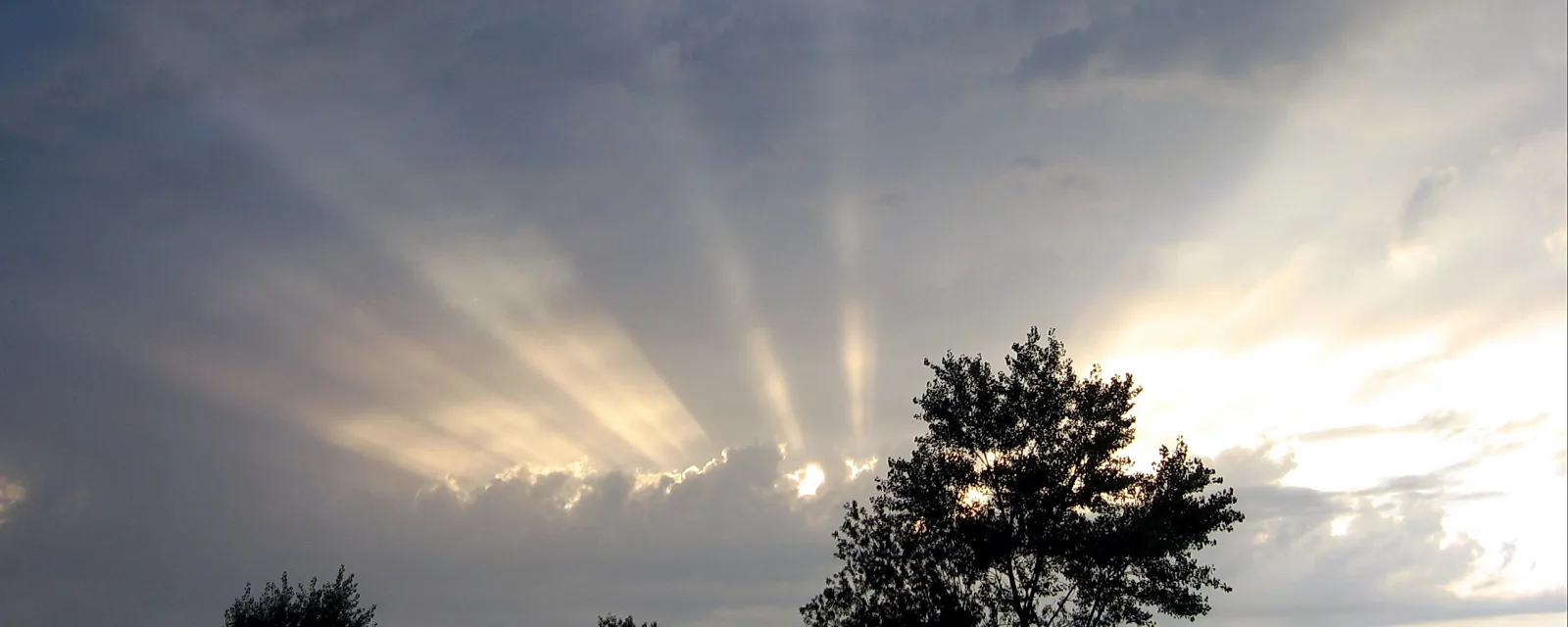 Sonnenstrahlen brechen durch eine graublaue Wolkendecke, rechts leuchtet die Sonne hell, im Vordergrund stehen dunkle Baumsilhouetten.