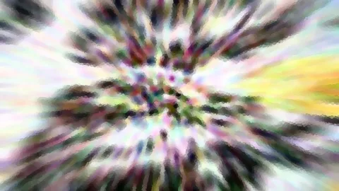 Abstraktes Bild mit radial verwischten Farbstrahlen, die von einem dunklen Zentrum nach außen laufen, grob gepixelt.