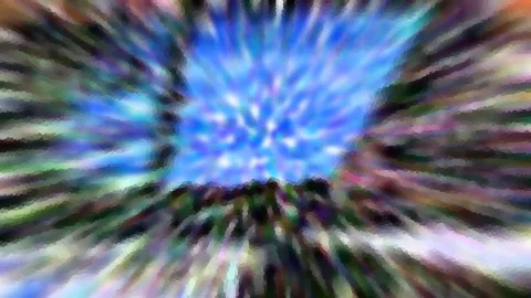 Abstrakte Komposition mit einem leuchtend blauen Zentrum und bunten, radial nach außen verlaufenden Streifen