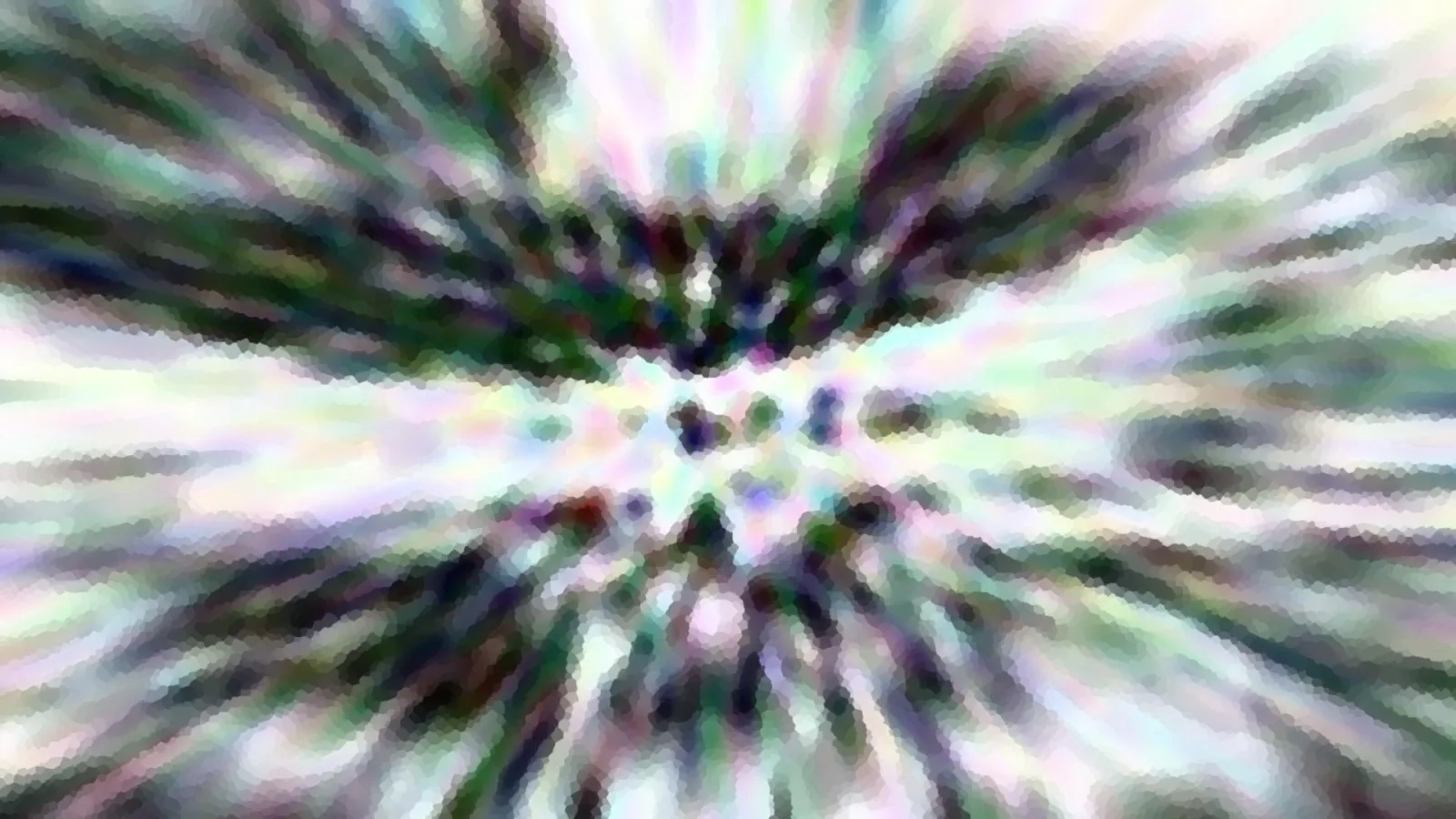 Abstrakte Komposition aus radial von einem Zentrum ausgehenden Streifen in Grün, Weiß, Violett und Dunkelgrau, mosaikartig verpixelt.